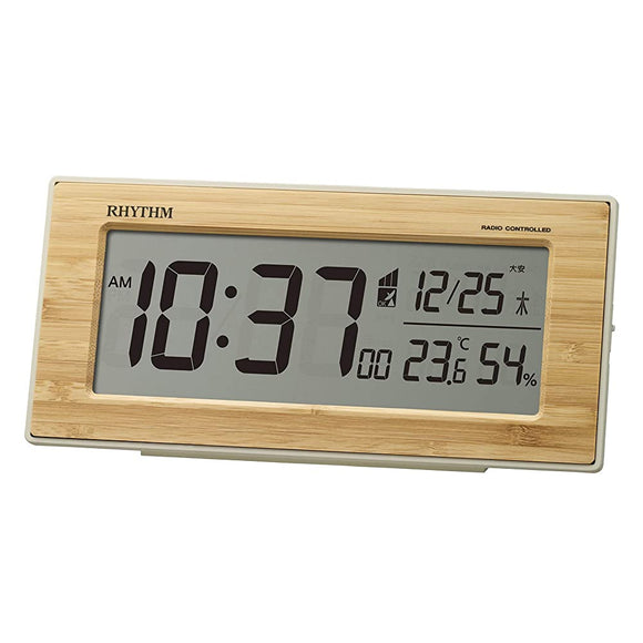 Rhythm 8RZ212SR06 Alarm Clock, Radio Clock, Made of Natural Bamboo Wood (Bamboo Board Attached), Temperature and Humidity, Calendar, 3.9 x 8.6 x 2.0 inches (10 x 21.8 x 5 cm)