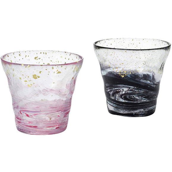 Aderia Tsugaru Vidro FS-71589 Rock Glass, Pair Set, Ice Flowers, Gold Colored Glass, Colored Ink, Comes in a Presentation Box, Made in Japan