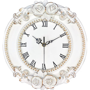 YRO Rose Relief Wall Clock, Elegant, Rose, Quiet, Wall Clock, 11.8 inches (30 cm), Beauty Salon, Bedroom, White, Princess Style, Cute (Type A)