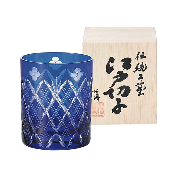 Edo Kiriko 223526 Glass Rock Glass, 8.5 fl oz (250 ml), Lapi, Blue, Small Flower Kenyarai Crest (Wooden Box), Made in Japan