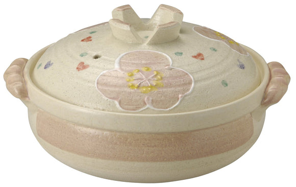 Sanko Banko Ware Pot, Beige, No. 9, 13697 (Deep Pot), For 4-5 People, Pink Flower Pattern