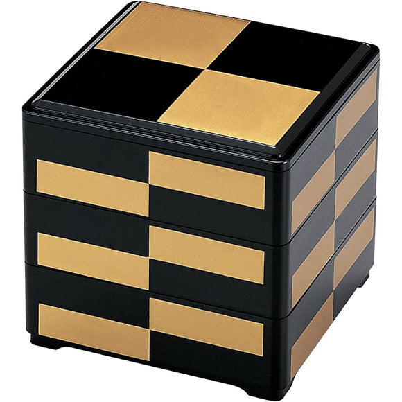 Wakaizumi Lacquerware H-160-7-A 3-Tier Box, 7.5 Size, Black, Gold Checkered (Inner Black), Deep Type