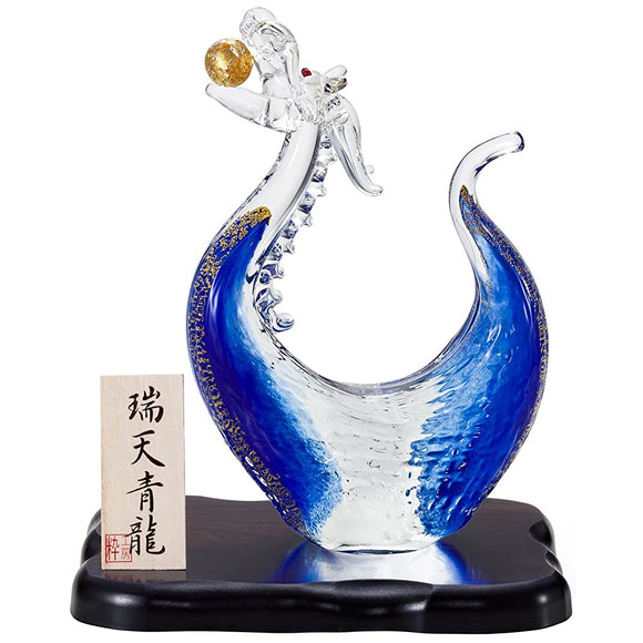 Aderia F-47139 Ornament, Stylish Workshop x Aderia Zu-Ten Blue Dragon, Glass, Dragon, Wooden Base, Handmade, Made in Japan, Comes in a Presentation Box, New Year's Decoration, Auspicious Item