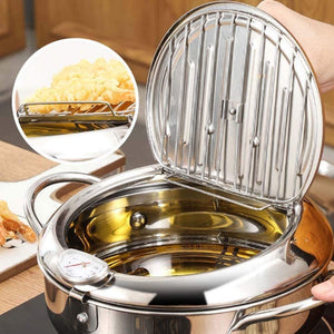 Tempura Pot Fryer Fryer Fry Pan with Splatter Prevention Oil Pot Lid for Stainless Steel Kitchen with Thermometer Induction Compatible, 9.4 inches (24 cm)