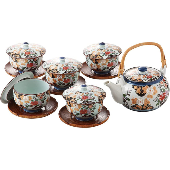 Hasami Ware 30393 Teacup 5 Guest Teapot Set with Lid, For Guests, Tortoise Shell Peony Pattern, Tea Cup Included, Made in Japan, Gift, Respect for the Aged Day, 60th Birthday Celebration