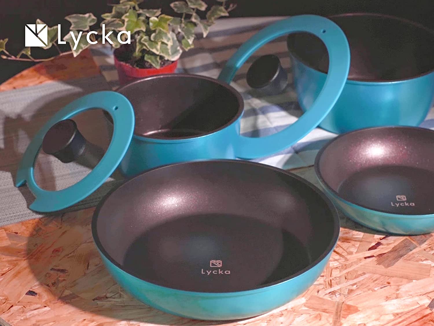 Lycka AMB-1937 Diamond Coat Pot Frying Pan, 11-Piece Set, Turquoise, Detachable Handle, Induction GAS and Oven Cookable, Dishwasher Safe