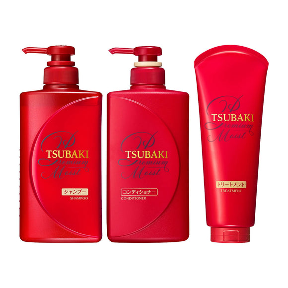 TSUBAKI Premium Moist Glossy Hair Feeling Set (Shampoo, 16.9 fl oz (490 ml), Conditioner 16.3 fl oz (490 ml), Treatment 6.1 oz (180 g)