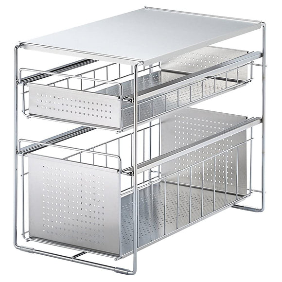 Yoshikawa 1305697 Under Sink Slide Storage, 2 Tiers, Width 9.8 inches (25 cm), Silver