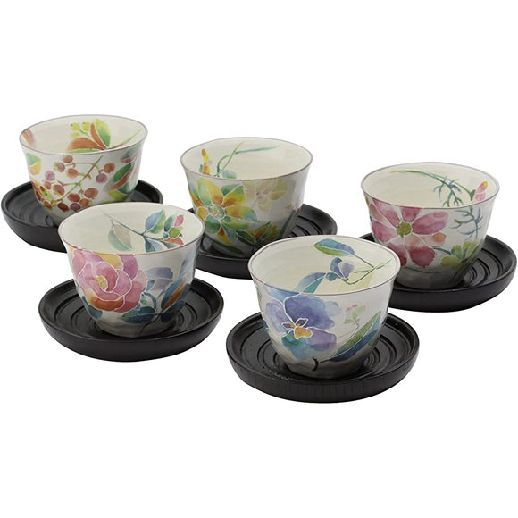 Ceramic Indigo Flower Koba Tea Cup with 5 Types of Flowers, Size: Approx. φ9.2 H7 01544