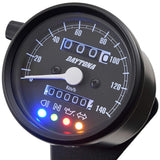 DAYTONA 15626 Mechanical Speedometer for MotorcycleS, Black Body, Black Panel, White LED, WHITE LED, WITH INDICITOR