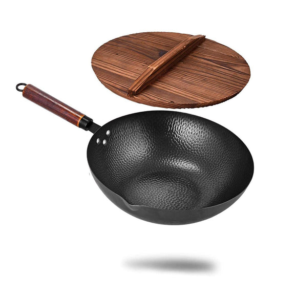 Chinese hot pot lid Chinese pot honeycomb design Design carbon steel material one -handed striking wooden pattern wooden rust prevention Pan electric induction gas stove also supports 33cm
