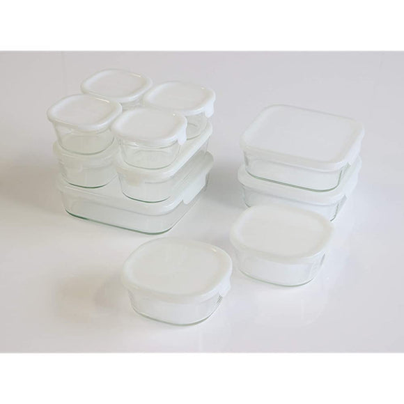Iwaki PS-PRN-11W Pack & Range Heat Resistant Glass Storage Container, Square, Set of 11, White, 6.8 fl oz (200 ml) x 4, 15.2 fl oz (450 ml) x 2, 16.9 fl oz (500 ml) x 2, 27.6 fl oz (800 ml) x 1