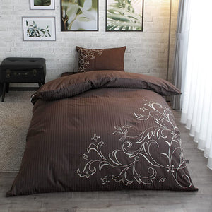 Merry Knight Inico Series IN26051-93 100% Cotton, Sateen Woven Stripes, Embroidered, Duvet Cover, "Claire" Brown, Double Long, Approx. 74.8 x 82.7 inches (190 x 210 cm), Simple, Elegant Glossy, Washable,