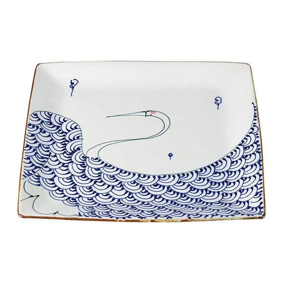 Kotohogi 19785 Nishikai Pottery, Hasami Ware Square Plate, Large, Crane