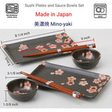 JapanBargain Japanese Sushi Set Ceramic Sushi Plate Soy Sauce Bowl Chopsticks Gift Set Black and Pink Color Cherry Blossom Pattern Made in Japan 4699