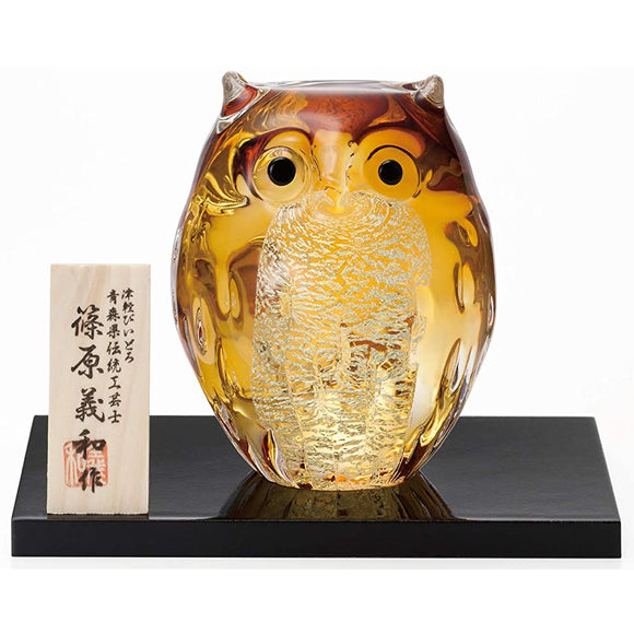 Aderia F-62124 Tsugaru Vidro Figurine, Ornament, Parent Owl, Amber/Gold, Up to 3.3 x 3.1 x 4.1 inches (8.5 x 7.8 x 10.5 cm), Made in Japan