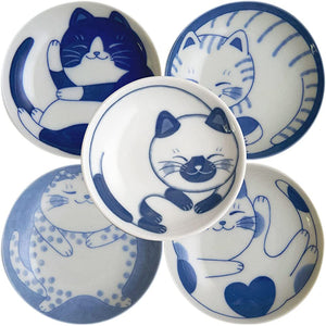 LOVE LOVE JAPAN Dessert Sushi Soy Sauce Salad Small Plate Set Pottery Cat Design Set of 5 Made in Japan