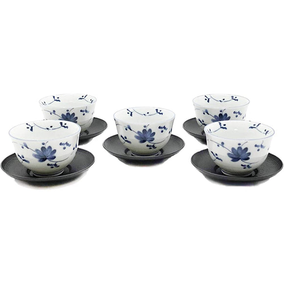 Japanese Pottery 47581200 Ceramic Teacup, Blue, 5.5 fl oz (165 ml), Flower Arabesque with Tea Cup Set, Pack of 5