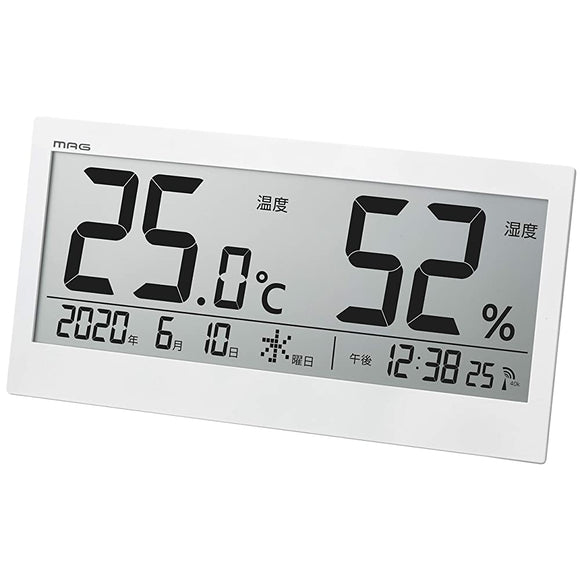 MAG TH-107WH-Z Thermometer/Hygrometer, Digital, Radio Clock, Big Meter, Large Screen, Date, Day Display, Wall Display, Can be Used As Standing, White