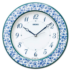 Seiko Clock KX266L Wall Clock, Radio Controlled, Analog, Blue Flower Pattern, Diameter 11.2 x 1.9 inches (286 x 49 mm)