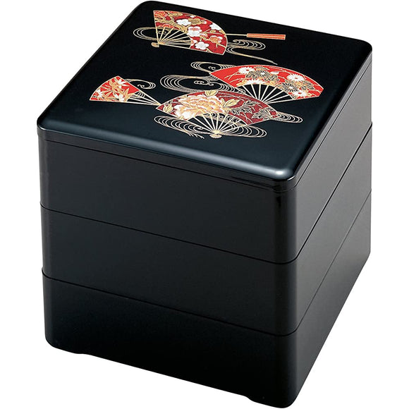 Yasumi Lacquerware H-160-5-A 3 Tier Box 7.5 Size Heavy Black Wave Fan Surface (Inner Black)