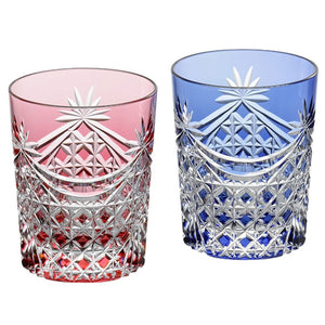 Kagami Crystal TPS370-2835AB Pair Lock Glasses, Red Blue 8.5 fl oz (240 cc), Edo Kiriko Bunting Ruffled Square Basket Pattern