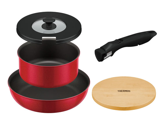 Thermos Durable Series KSA-5A R Frying Pan with Removable Handle, AA, Red, Induction Compatible, 5 Piece Set