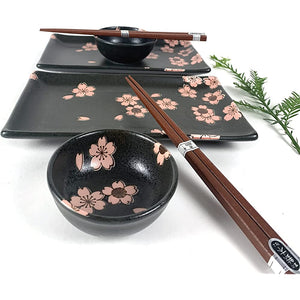 JapanBargain Japanese Sushi Set Ceramic Sushi Plate Soy Sauce Bowl Chopsticks Gift Set Black and Pink Color Cherry Blossom Pattern Made in Japan 4699