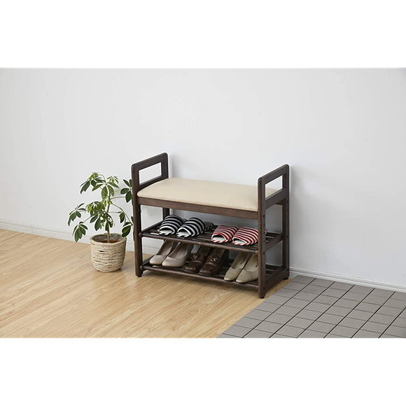 Yamazen SSB-70 Entrance Bench Width 70.5 x Depth 32.5 x Height 58.5 cm Slippers Rest Easy Assembly Walnut Brown / Beige