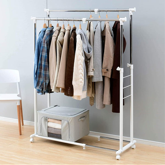 Yamazen YBH-WS (MWH) Hanger Rack, Double, Load Capacity 66.1 lbs (30 kg), Width 31.9 - 48.0 - 72.0 inches (80.5 - 122 x 49 x 111 - 183.5 cm), Adjustable Width and Height (Matte White)