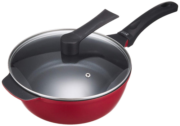 Pearl Metal HB-2905 Frying Pan, 9.4 inches (24 cm), Induction Compatible, Glass Lid Included, Random Pan NEO Blue Diamond Coat, Red
