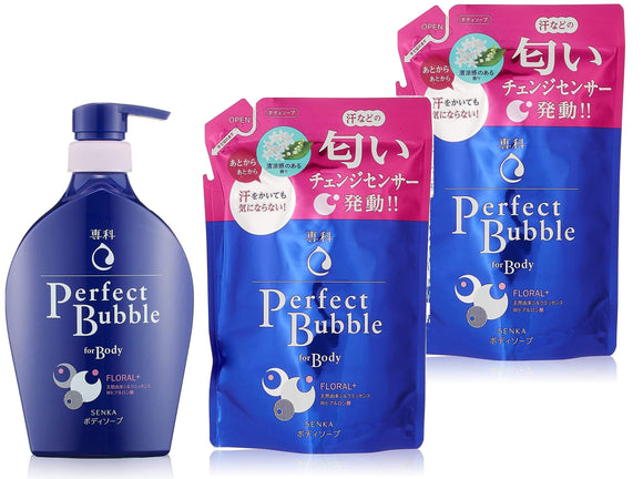 SENKA Perfect Bubble for Body Floral Plus n Body Cleaning Agent, 16.9 fl oz (500 ml) + Refill 11.8 fl oz (350 ml) x 2 Packs