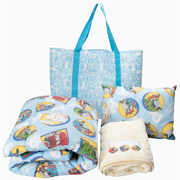 Nishikawa LF50486075B Nursery School Preparation, 4-Piece Set (Cotton Cover, Thin Comforter, Pillow, Storage Bag), Junior Size, Washable, Nap, Thomas the Tank Engine Portable, Blue