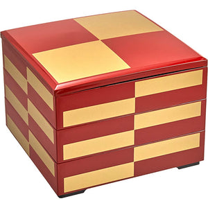 Wakaizumi Lacquerware 3 Dual Column, Well, 7 Dimensions Wakana Vermillion Gold Checkered (Black) H - 159 - 14 - A