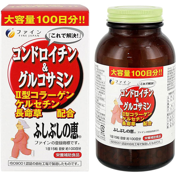 Fine Chondroitin & Glucosamine, Megumi of Fushibushi, Economical, 100 Day Supply (1,500 Tablets), Soy Isoflavone, Vitamin C, Vitamin B, Type II Collagen, Long-Life Grass, Quercetin Formulated in Japan
