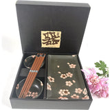 JapanBargain Japanese Sushi Set Ceramic Sushi Plate Soy Sauce Bowl Chopsticks Gift Set Black and Pink Color Cherry Blossom Pattern Made in Japan 4699