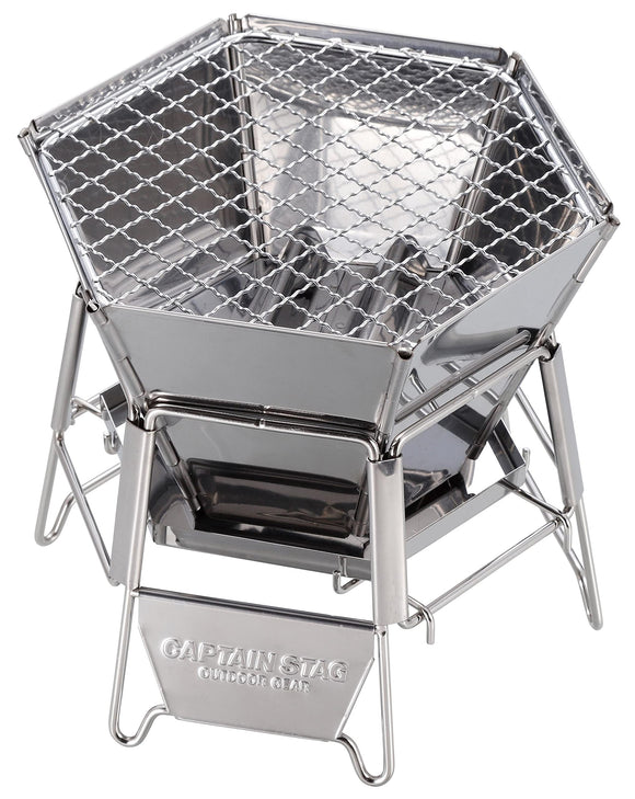 CAPTAIN STAG Fire pit BBQ stove grill 1 unit 2 roles Hexa stainless steel fire grill Desktop grill S size Stainless steel with storage bag UG-94 Silver