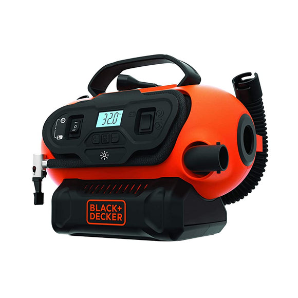 Black & Decker BDCINF18B Electric Multi-Air Pump, DIY, Electric Tool, Air Compressor, 100 V, Cigarette Lighter Socket/18 V Battery, Supports 3 Power Sources, Auto Shut-Off Function, High Capacity Mode
