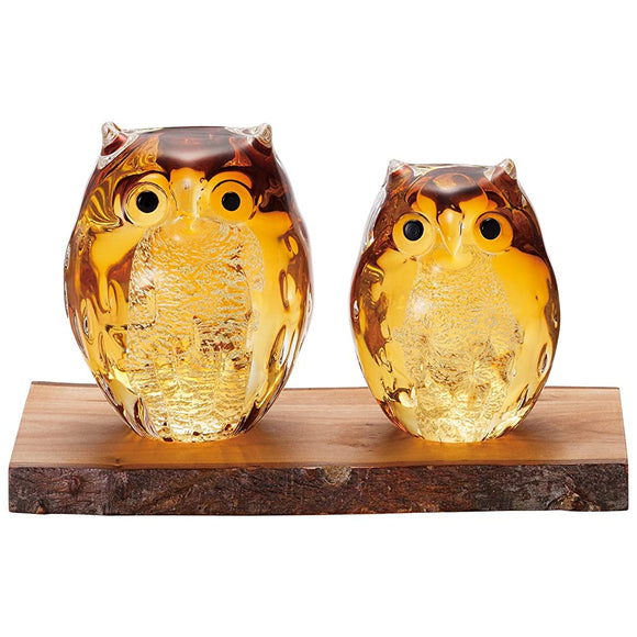 Aderia FS-71522 Tsugaru Vidro Traditional Crafts, Parent and Child Owl Apple Wooden Stand, Amber Gold