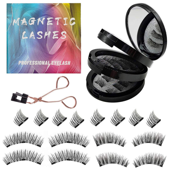 KMDJ Magnetic False Eyelashes Set, Reusable 3D Ultra Thin False Eyelashes with Magnet and Stainless Steel Tweezers and Mirror, 3 False Eyelashes, Easy to Use, No Adhesive, Suitable for Travel, Commuting