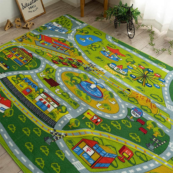 Washable Kids Rug, Mini Car, Rug Mat, Road Map 2, 74.8 x 74.8 inches (190 x 190 cm), 2 Tatami Mats, Green, Foldable