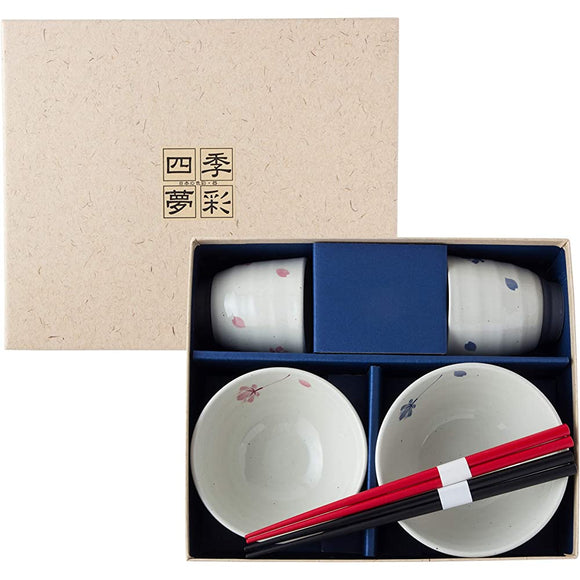 Saikai Pottery Arita Ware 51450 Rice Bowl & Teacup Set, Cherry Blossom Dance Pattern, Chopsticks Included