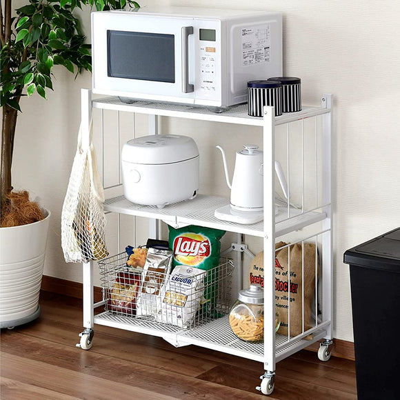 Yamazen LIS-3 (WH) Rack (Folding), Ready to Use (Main Unit Just Attach Casters), Total Load Capacity 99.3 lbs (45 kg), 3 Tiers, Width 28.1 x Depth 14.6 x Height 33.9 inches (71.5 x 37 x 86 cm), Shelf, White