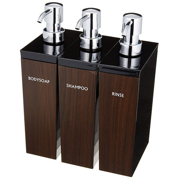 WOODY Dispenser Refill Bottles Set of 3 (Shampoo, Rinse, Body Soap) Elongated (23.7 fl oz (700 ml) Black x Walnut