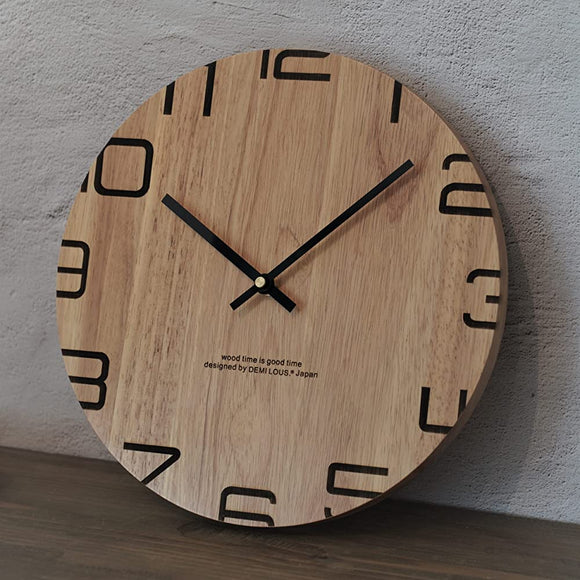 Wall Clock, Solid Natural Wood, Interior, Natural Wood, Analog, Round, Continuous Second Hand, Quiet, Living Room, Bedroom, Office, 11.8 inches (30 cm) (A. Modern Style)