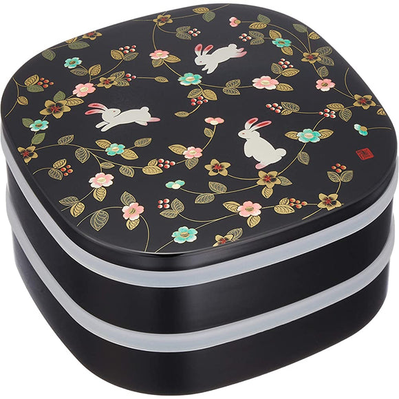 Yamanaka Painted M15402 Heavy Box, Flower Path, 7.0 Shoes, 2-Tier Hors d'Oeuvres (with Tappa and Small Bowl), Black
