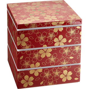 Maeju Lacquerware 7R-774 Heavy Box, 3 Tiers, Hananomai, Red, Flowers, With Stickers, Traditional Crafts, Yamanaka Painted, 8.5 inches (21.5 cm), Square, For 4 to 5 People, Made in Japan